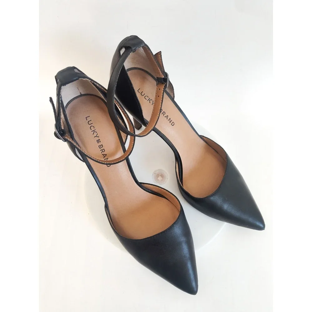 Lucky‎ Brand Pumps Pointed Toe Heels Size 10 Tukko Black Leather Ankle Strap